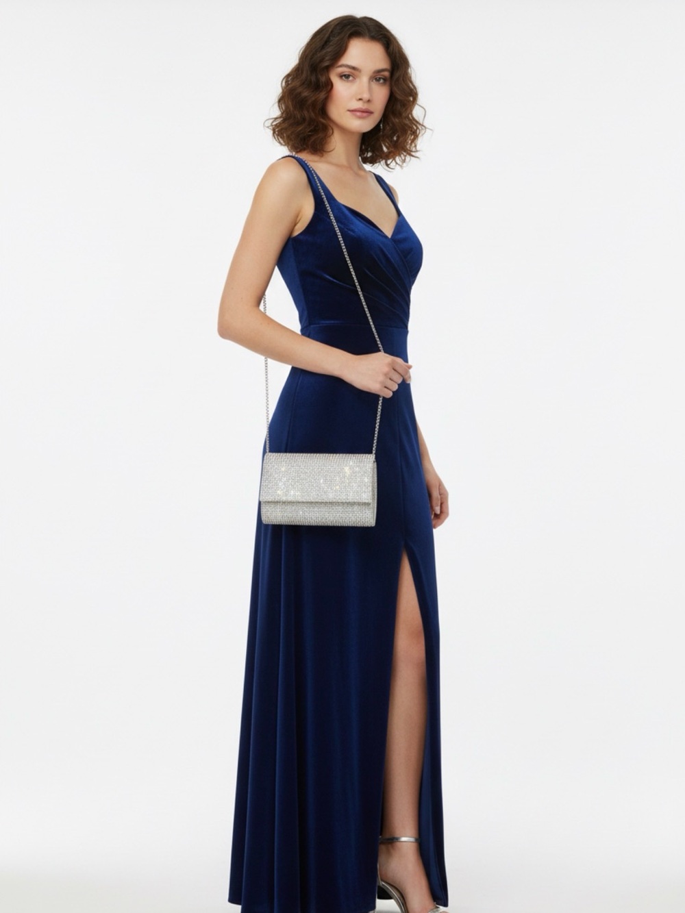 Silver Crystal Evening Clutch with Chain Strap